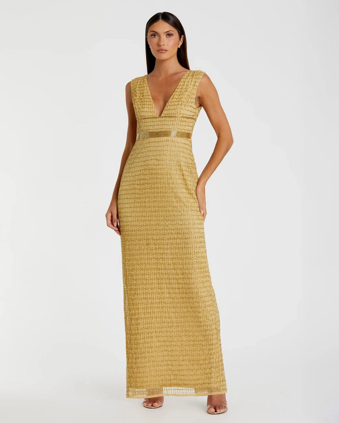 Gold Beaded Cap Sleeve V Neck Column Gown