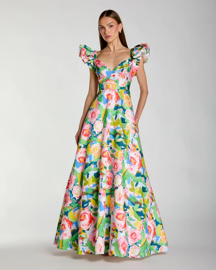 Multicolor Floral Ruffle Cap Sleeve Ball Gown - FOSTANI.com
