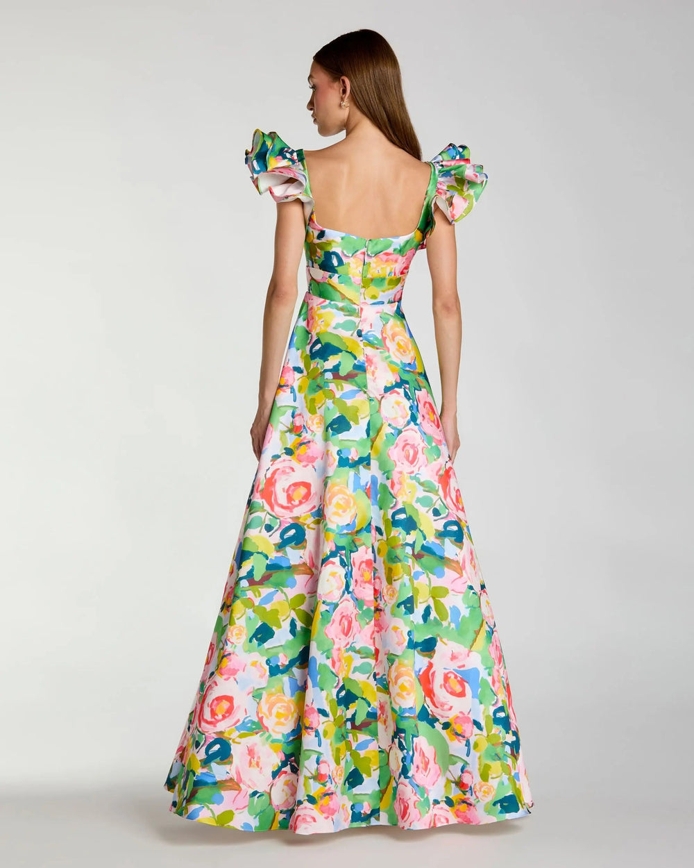 Multicolor Floral Ruffle Cap Sleeve Ball Gown - FOSTANI.com