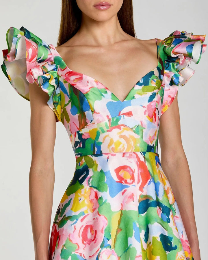 Multicolor Floral Ruffle Cap Sleeve Ball Gown - FOSTANI.com