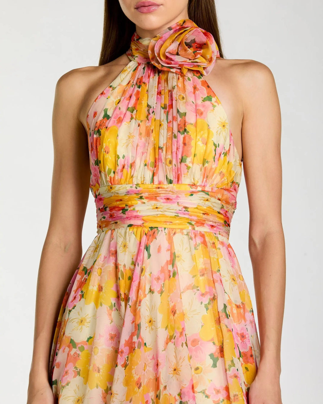 Yellow Floral Halter Neck Midi Dress With 3D Flower - FOSTANI.com