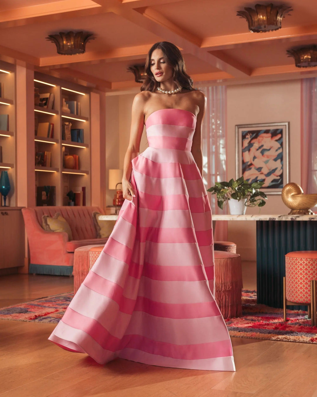 Mac Duggal 9956353P Pink Striped Strapless Satin Ballgown With Pockets