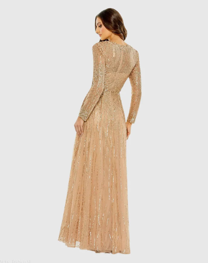 mac duggal long sleeve formal dresses Mac Duggal - Green Long Sleeve Beaded Evening Gown main image 1