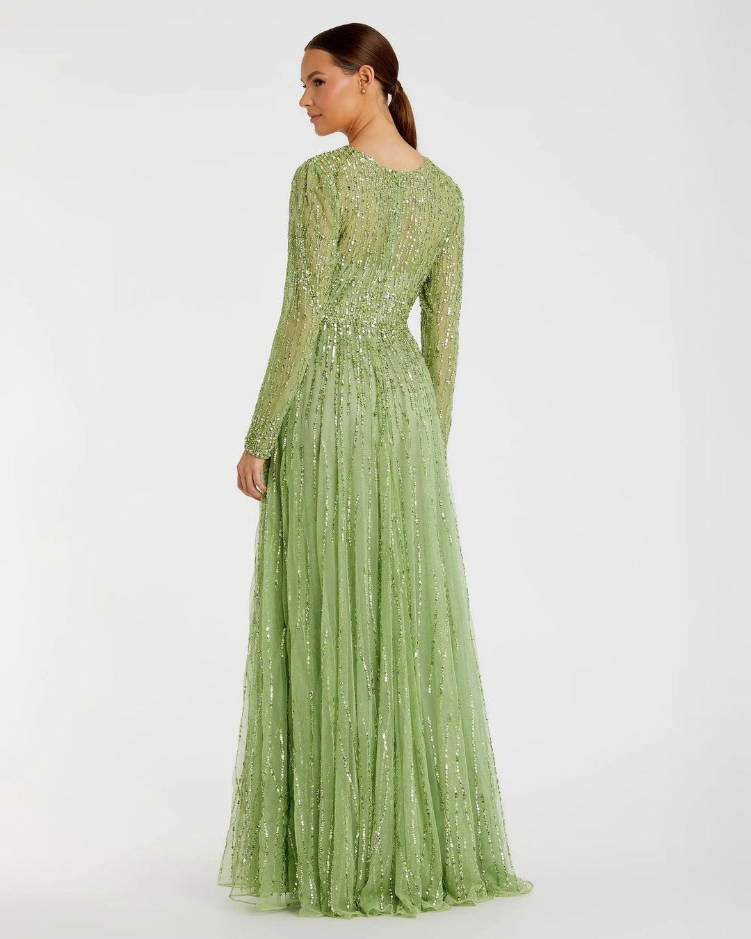 Mac Duggal 5636 Green Illusion High Neck Long Sleeve Embellished Gown