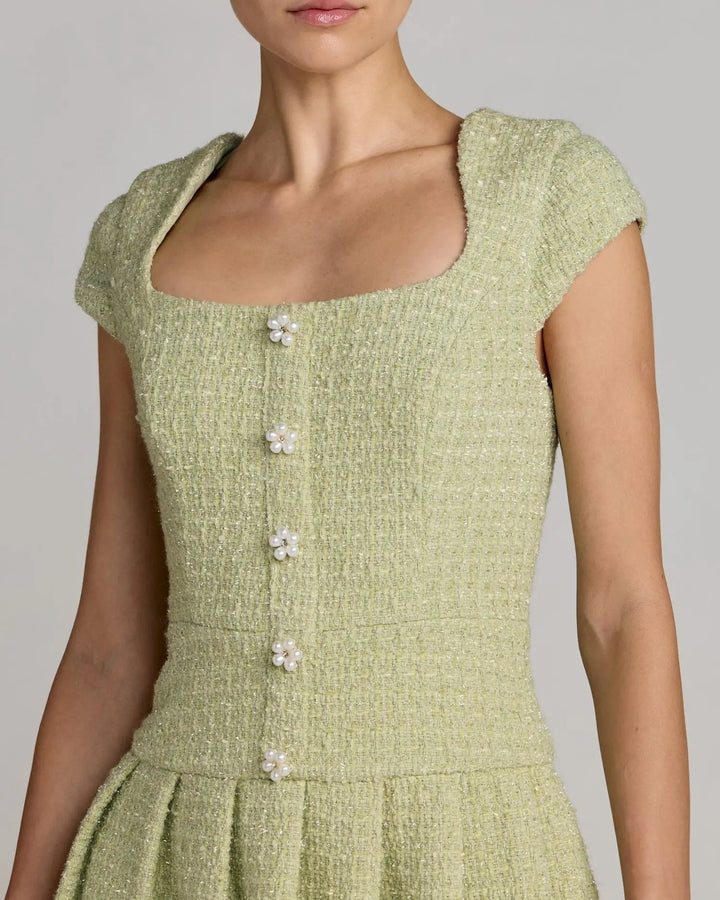 Green Tweed Cap Sleeve Pleated Mini Dress - FOSTANI.com