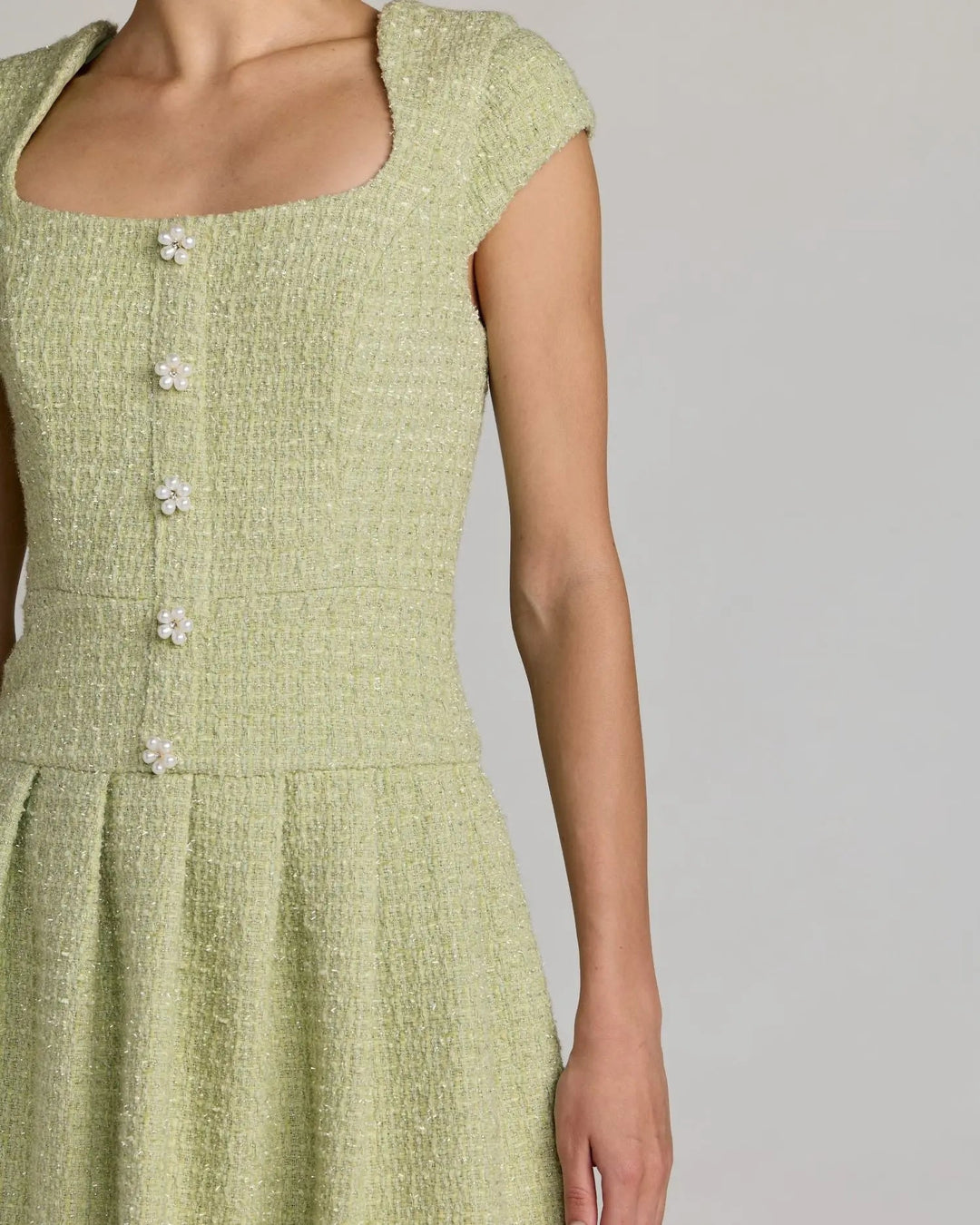 Green Tweed Cap Sleeve Pleated Mini Dress - FOSTANI.com