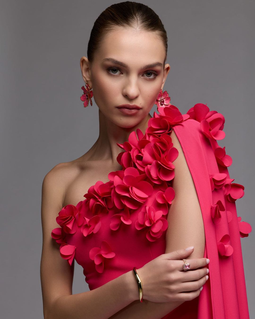 Mac Duggal 56394 Pink One Shoulder 3D Floral Cape Gown - FOSTANI.com