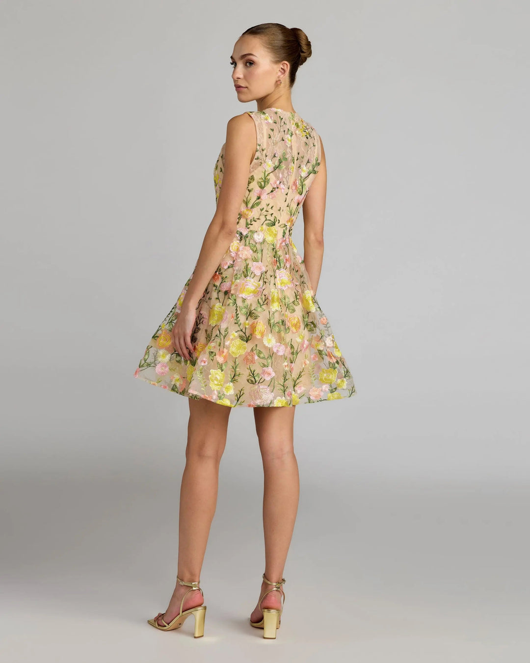 Yellow Floral Embroidered Sleeveless A-Line Mini Dress - FOSTANI.com