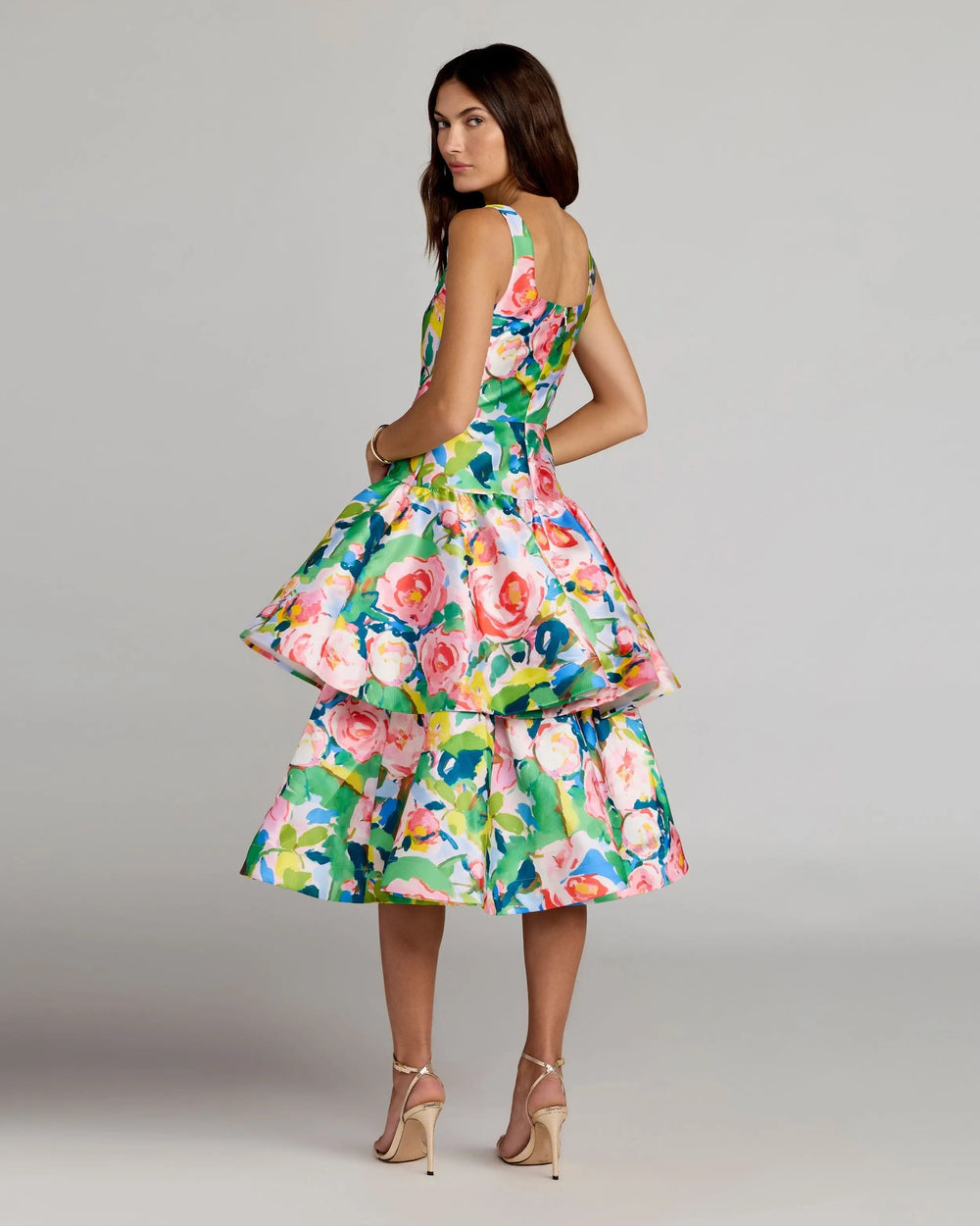 Multicolor Floral Tiered Square Neck Midi Dress - FOSTANI.com