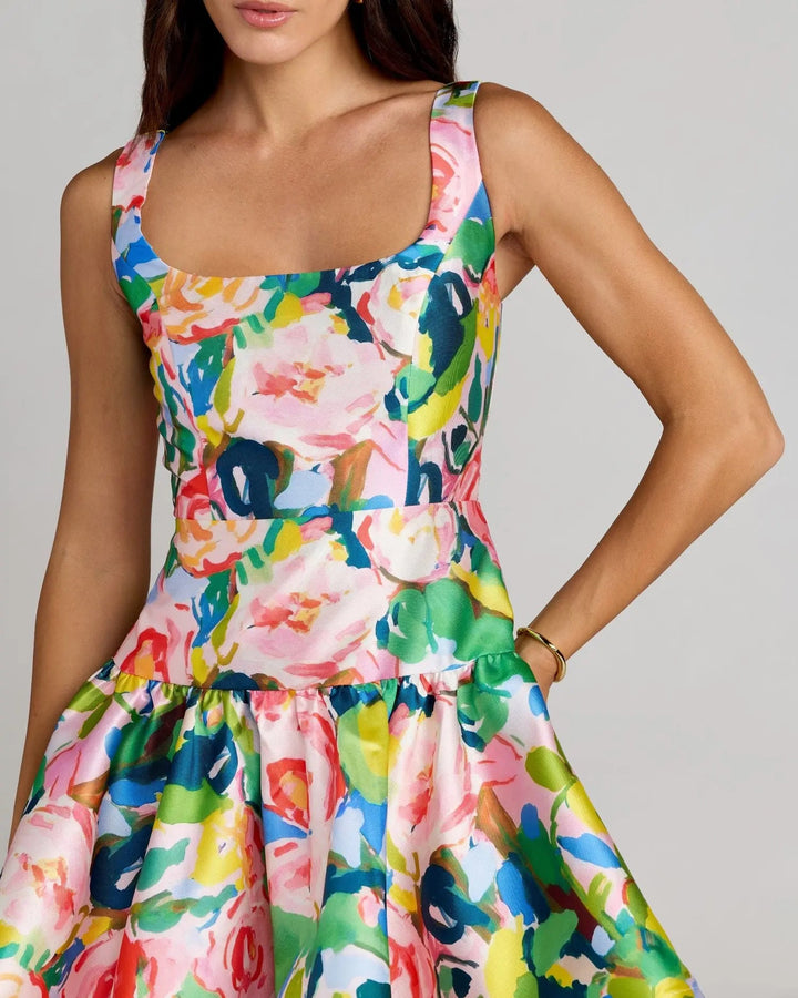 Multicolor Floral Tiered Square Neck Midi Dress - FOSTANI.com