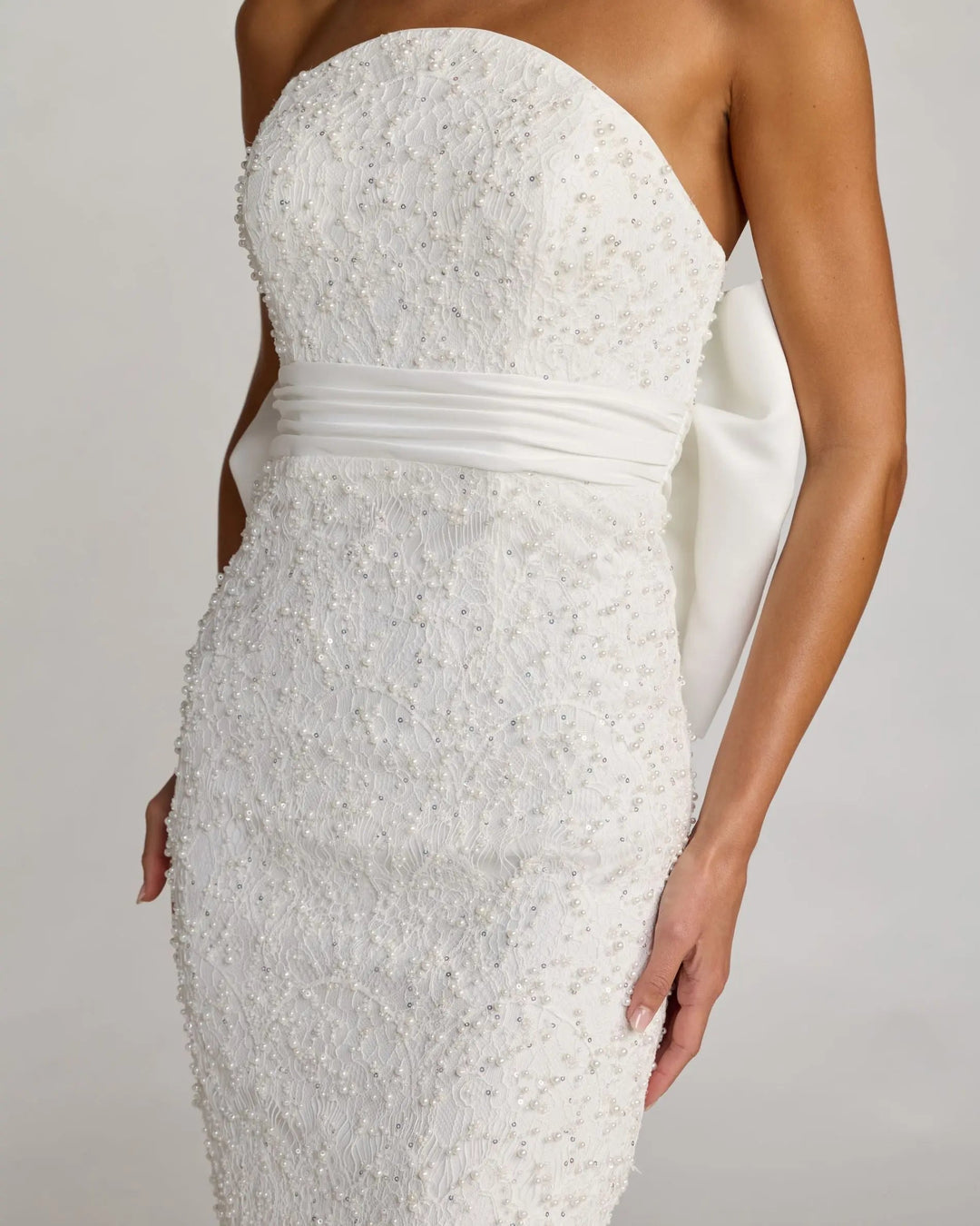 Ivory Strapless Beaded Bow Back Midi Dress - FOSTANI.com