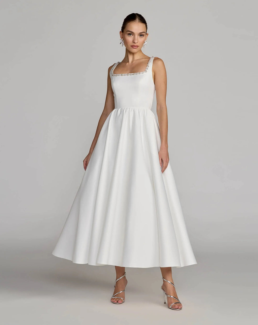 Mac Duggal Beaded Satin A-Line Midi Dress, Ivory, Women's, 12