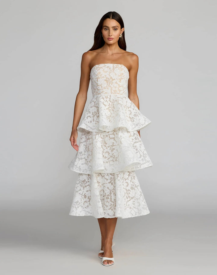 White and Beige Strapless Lace Tiered Ruffle Midi Dress - FOSTANI.com