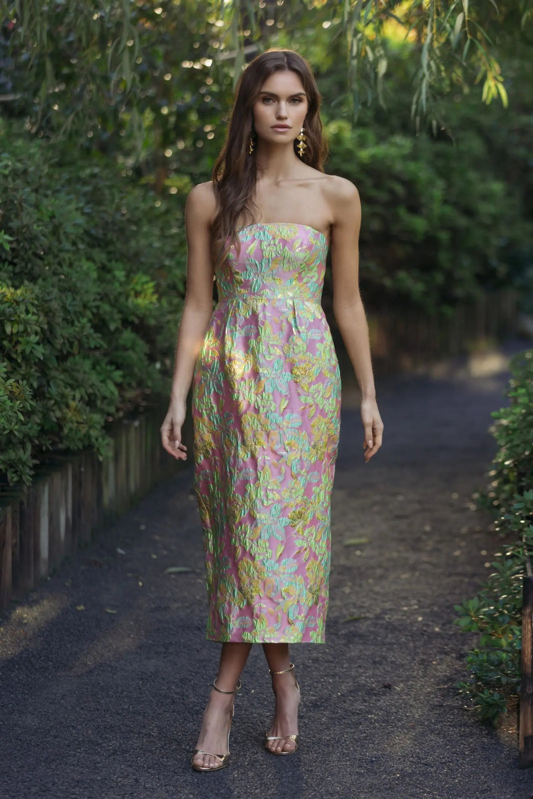 Multicolor Strapless Floral Brocade Midi Dress - FOSTANI.com