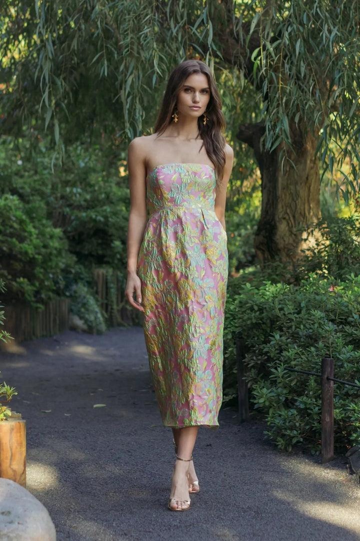 Multicolor Strapless Floral Brocade Midi Dress - FOSTANI.com