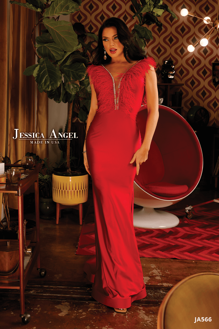 Jessica Angel 566 feather shoulder jersey gown front view