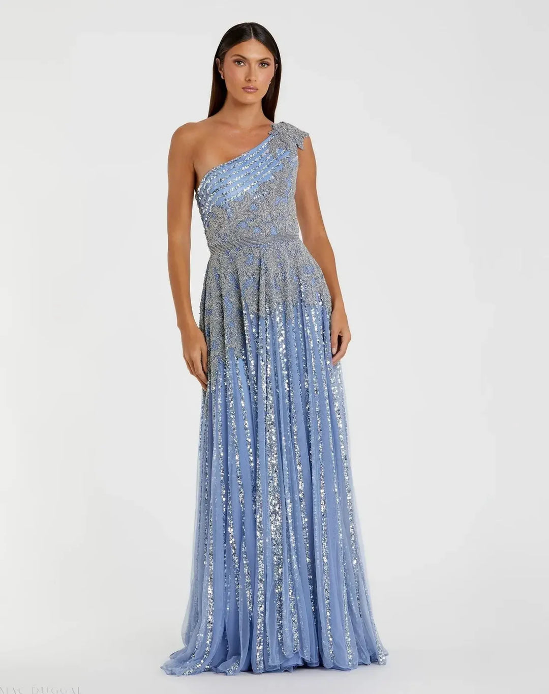 Silver Beaded Embellished One Shoulder A Line Gown - Mac Duggal US 14 Silver Beaded Embellished One Shoulder A Line Gown - Mac Duggal US 14
