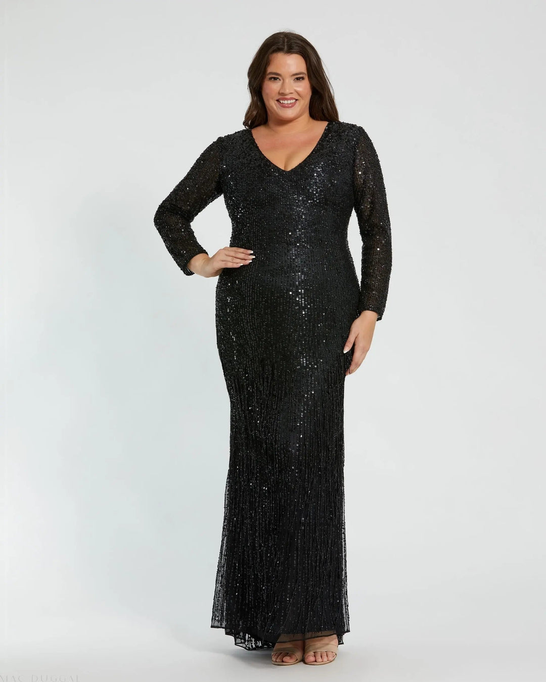 Mac Duggal Women's Long Sleeve V Neck Beaded Fringe Gown