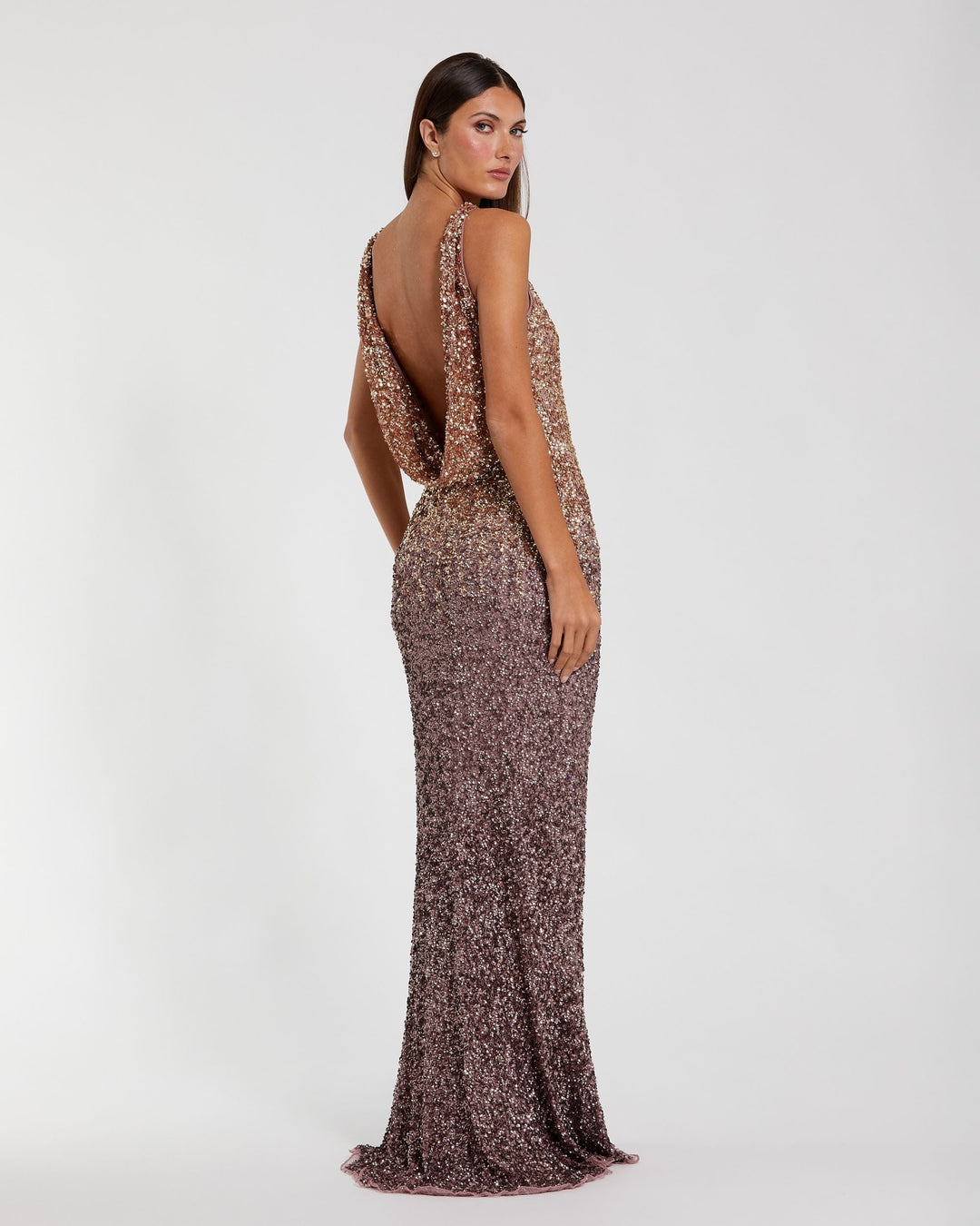 Mac Duggal 6145 Gold Brown Ombre Sequin Cowl Back Gown