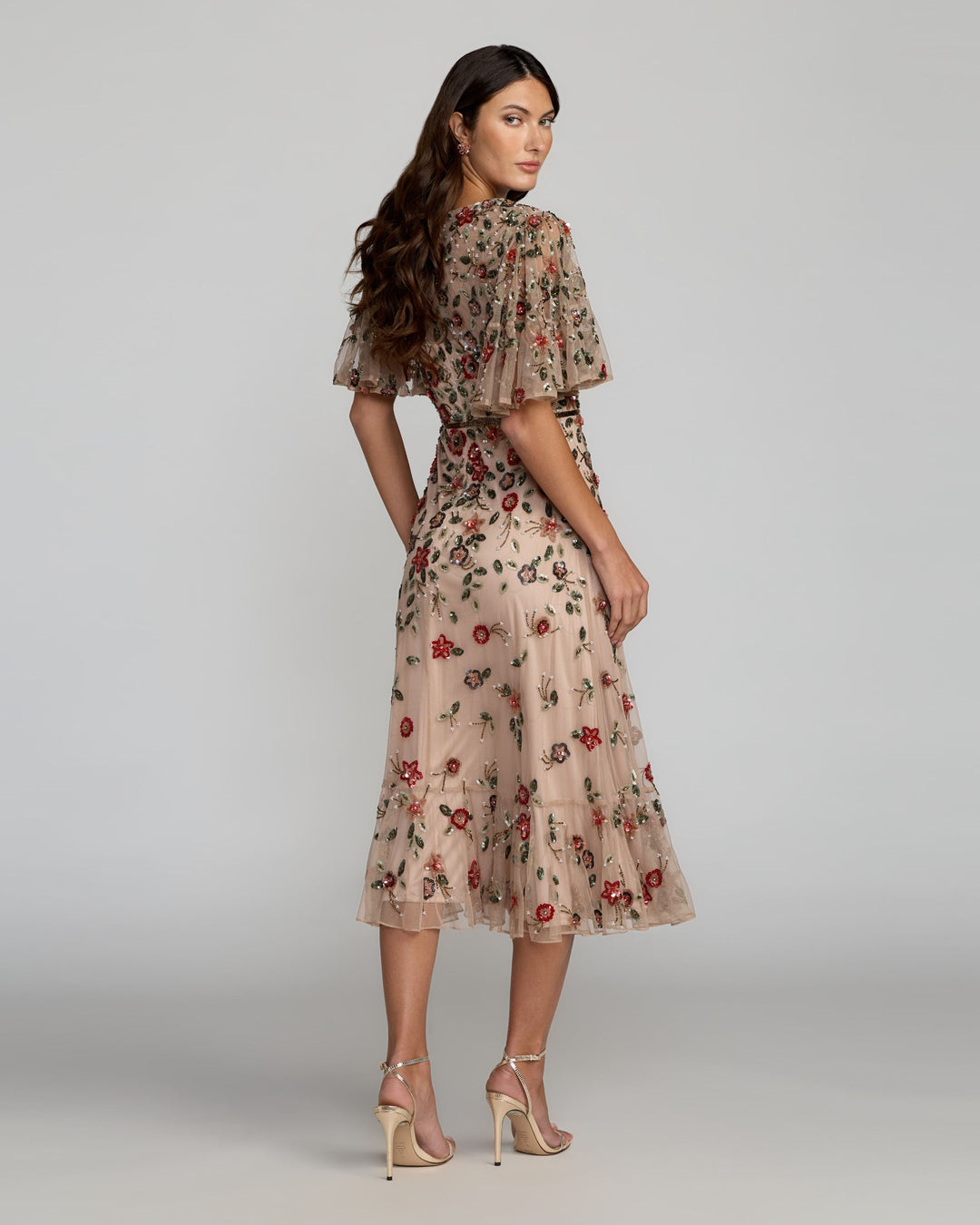 Beige Floral Embellished Flutter Sleeve Midi Dress - FOSTANI.com