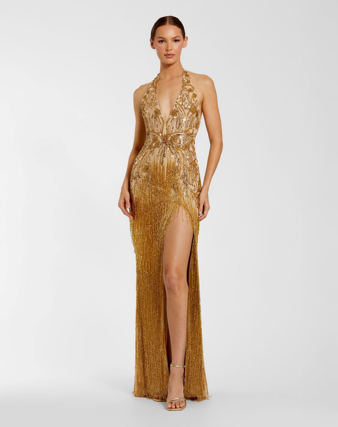 Mac Duggal 6170 Embellished Halter Gown with Beaded Fringe