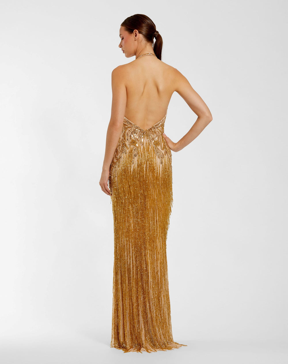 Mac Duggal 6170 Embellished Halter Gown with Beaded Fringe