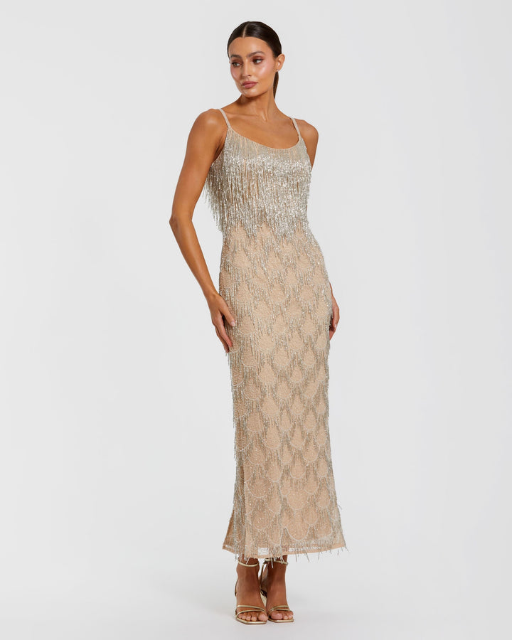 Mac Duggal 6172 Beaded Fringe Column Midi Dress