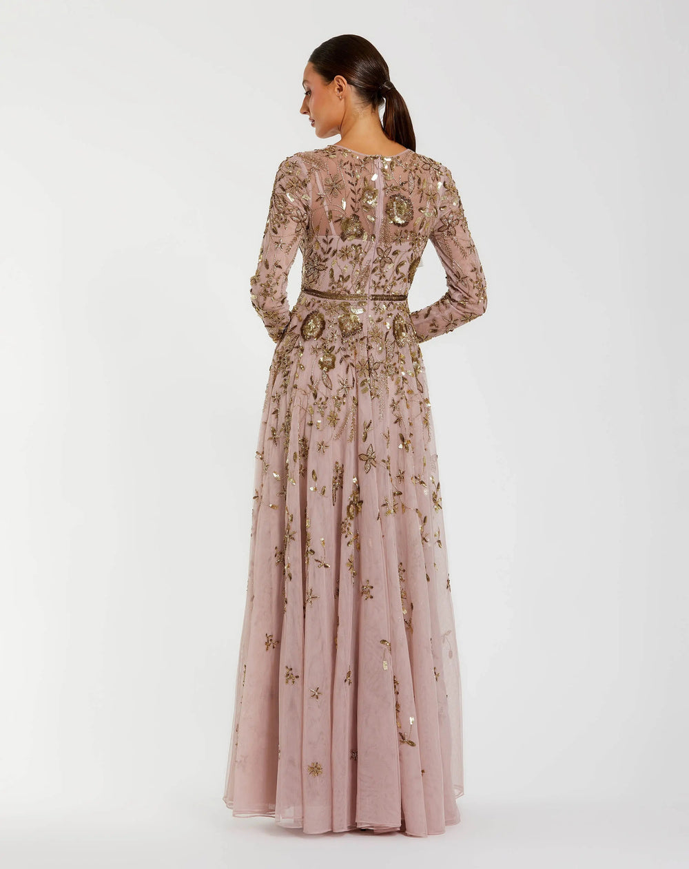 Mac Duggal 6182 Long Sleeve Hand Embellished Floral A-line Dress