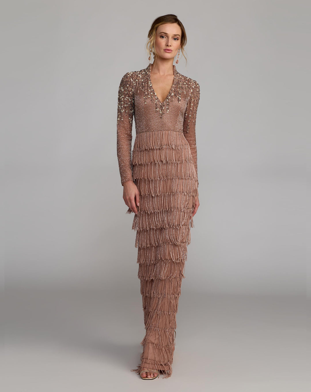 Mac Duggal 6188 Beaded Long Sleeve Fringe Column Gown