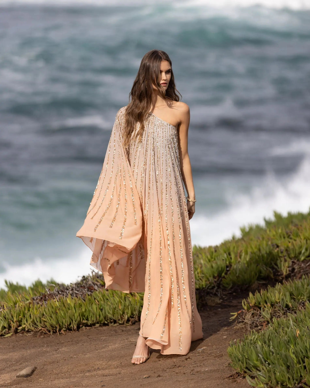 Mac Duggal Women's One Shoulder Ombre Sequin Kaftan Dress