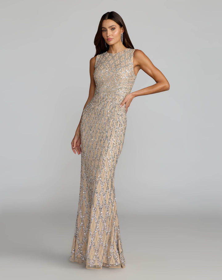 Mac Duggal 6249 Nude Sleeveless Beaded Column Gown