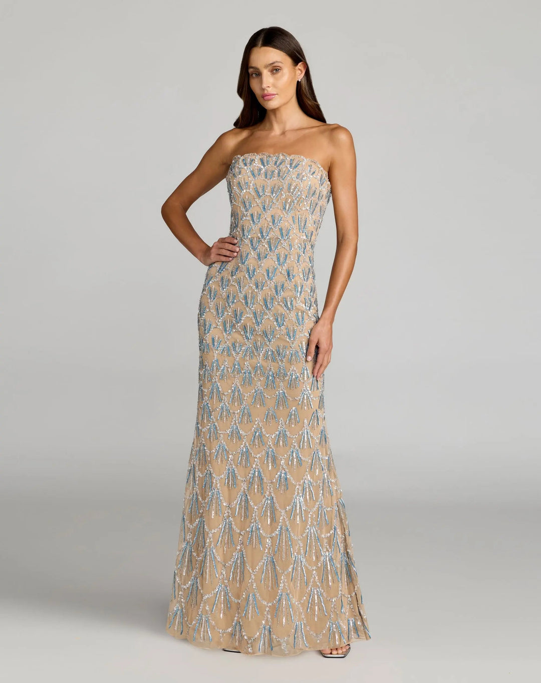 Mac Duggal 6250 Beige Hand Embellished Strapless Evening Gown