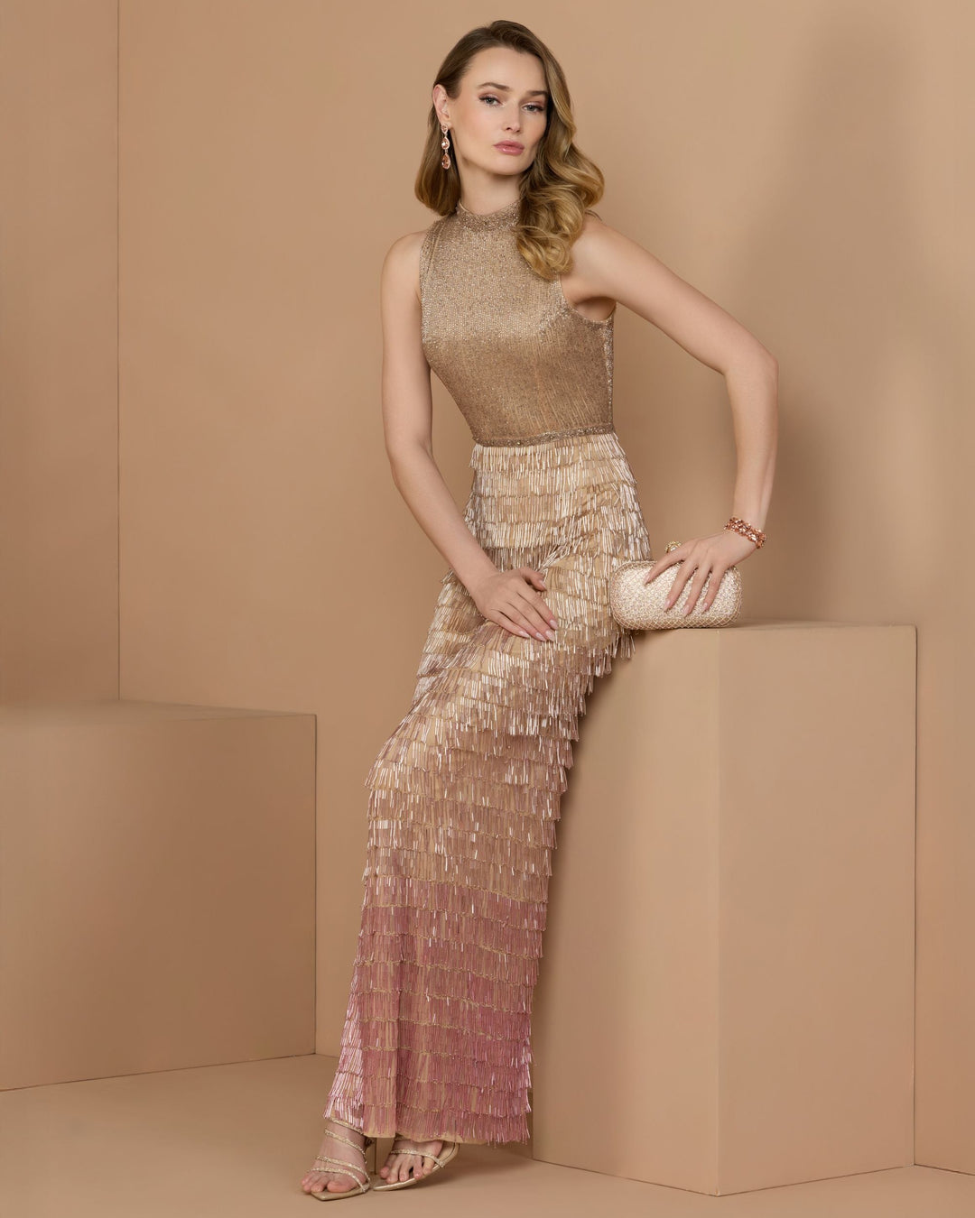 Mac Duggal 6254 Mock Neck Sleeveless Beaded Fringe Gown