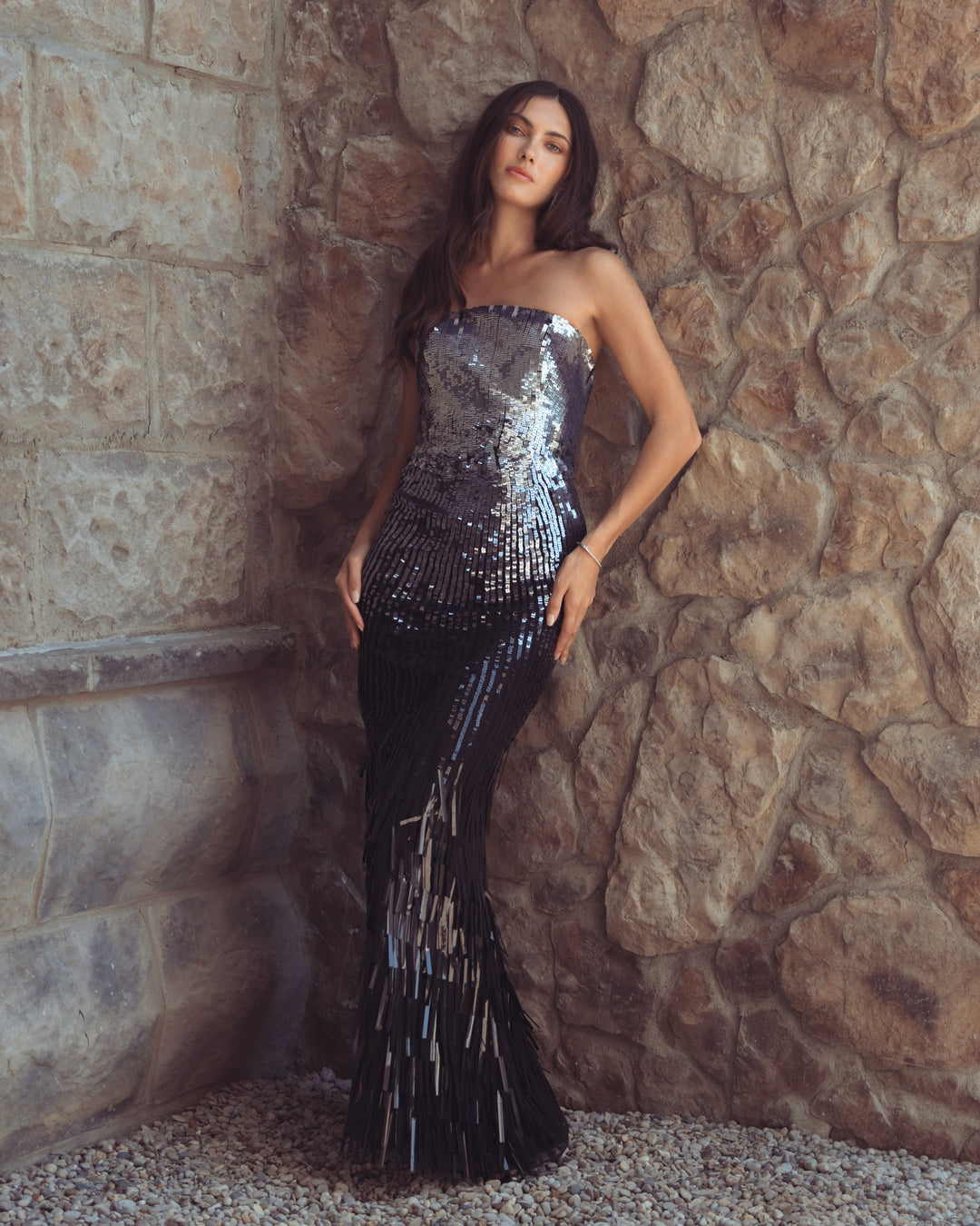 Mac Duggal 6265 Ombre Sequin Strapless Fringe Gown