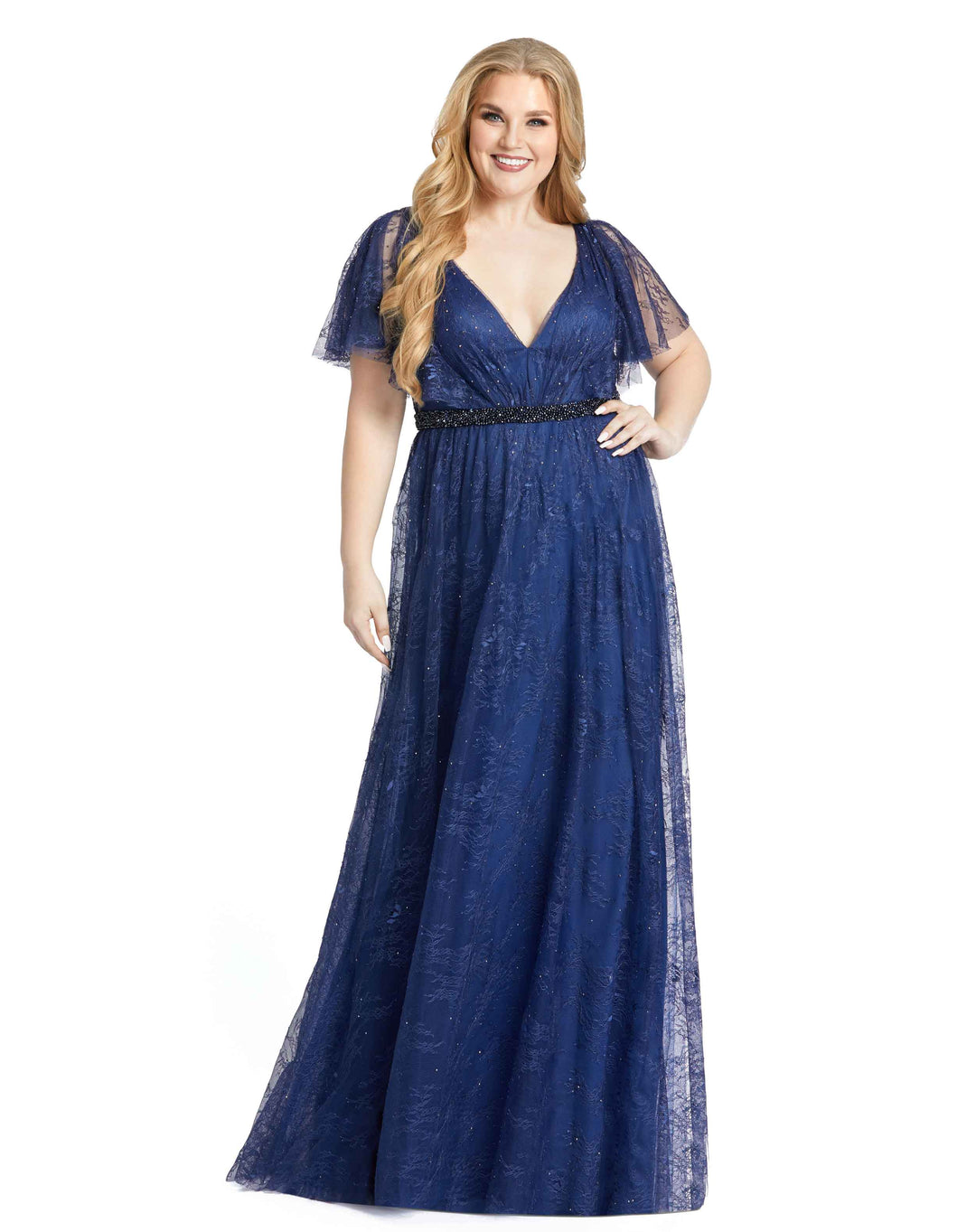 Lace Flutter Sleeve A Line Gown - Mac Duggal Midnight / 22W Lace Flutter Sleeve A Line Gown - Mac Duggal Midnight / 22W