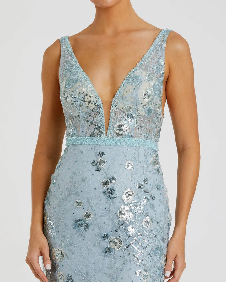 Mac Duggal 67481 Floral Embellished Sleeveless Plunge Neck Gown