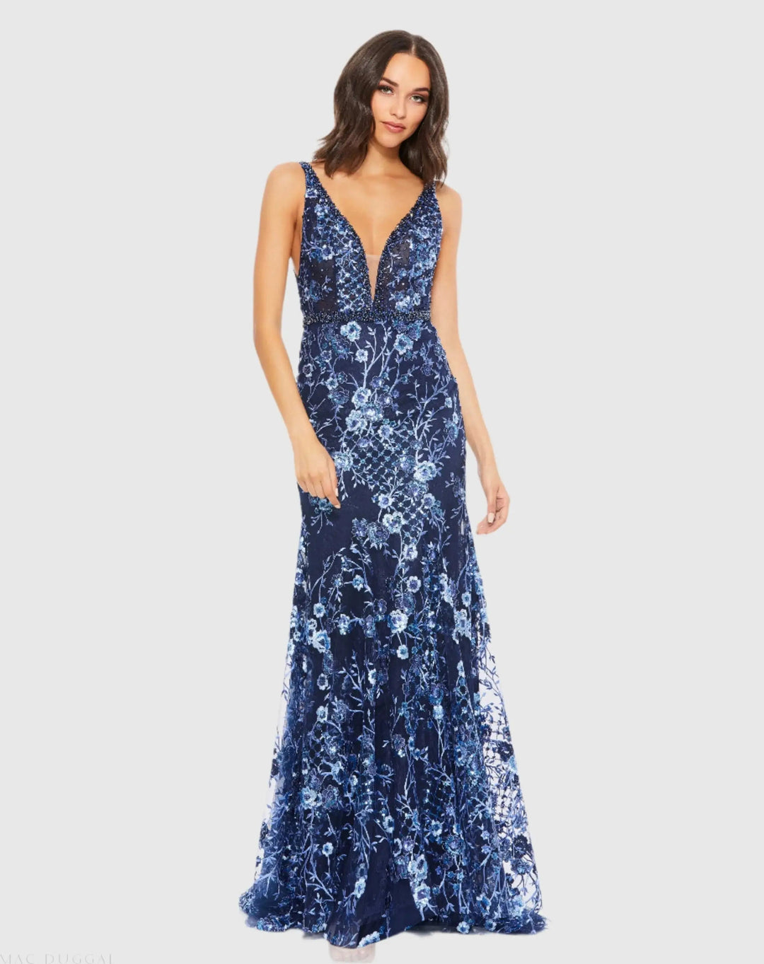 Mac Duggal 67481 Floral Embellished Sleeveless Plunge Neck Gown