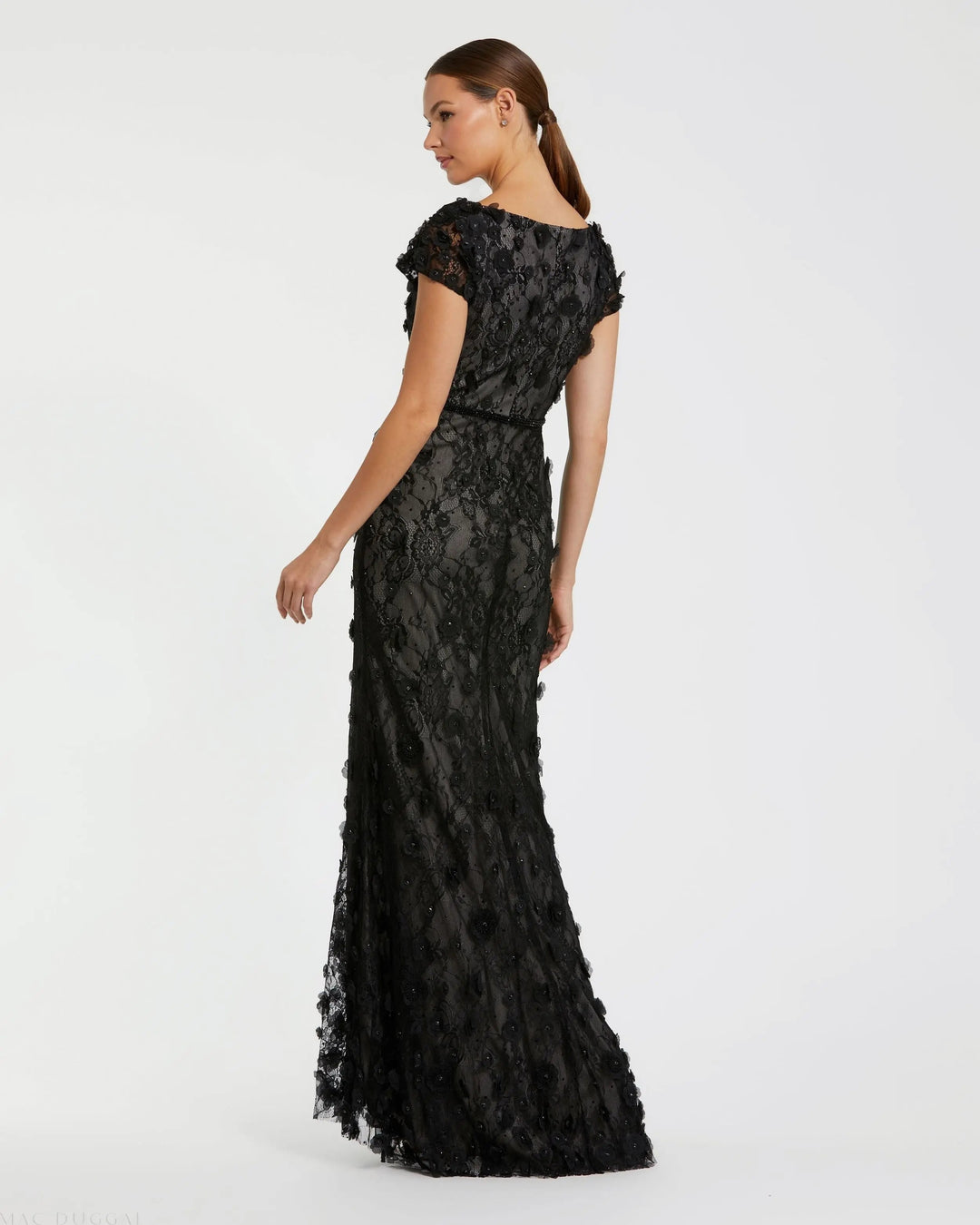 Mac Duggal 67711 Floral Applique Boat Neck Short Sleeve Gown