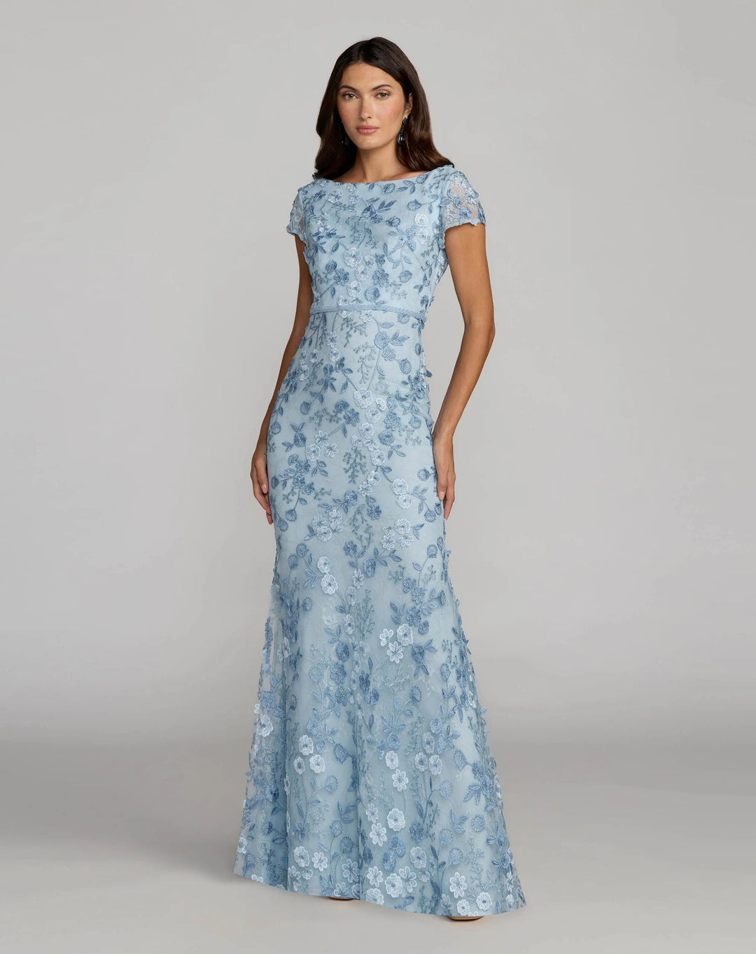 Blue Floral Applique Boat Neck Cap Sleeve Gown - FOSTANI.com