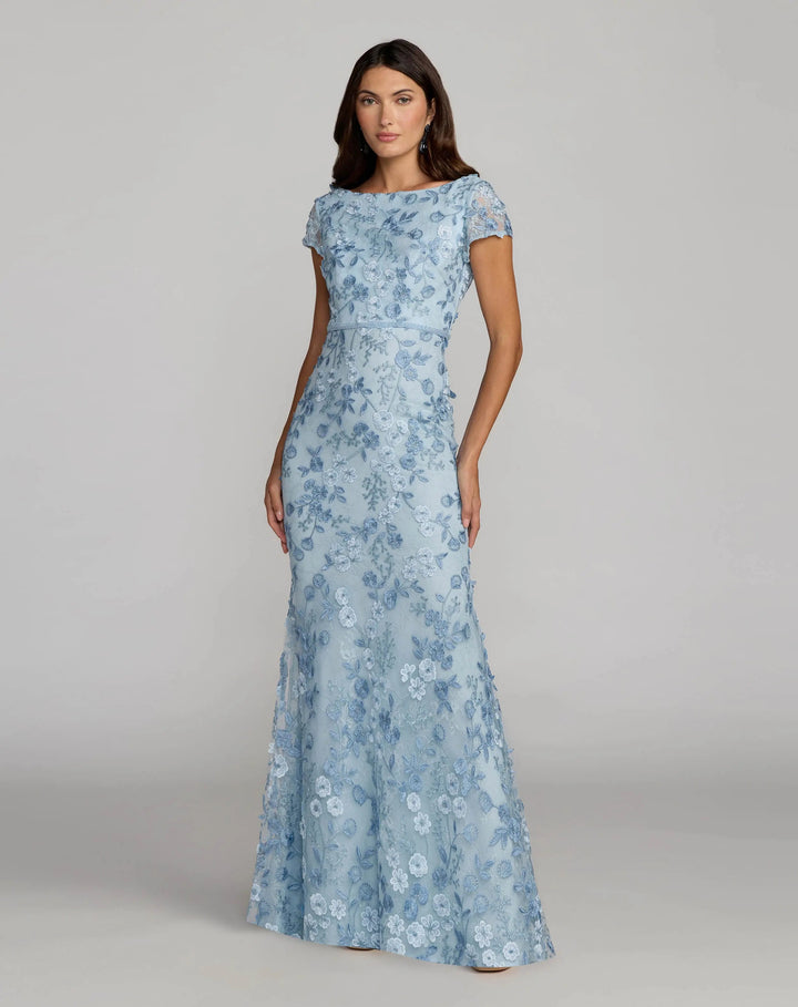 Blue Floral Applique Boat Neck Cap Sleeve Gown - FOSTANI.com