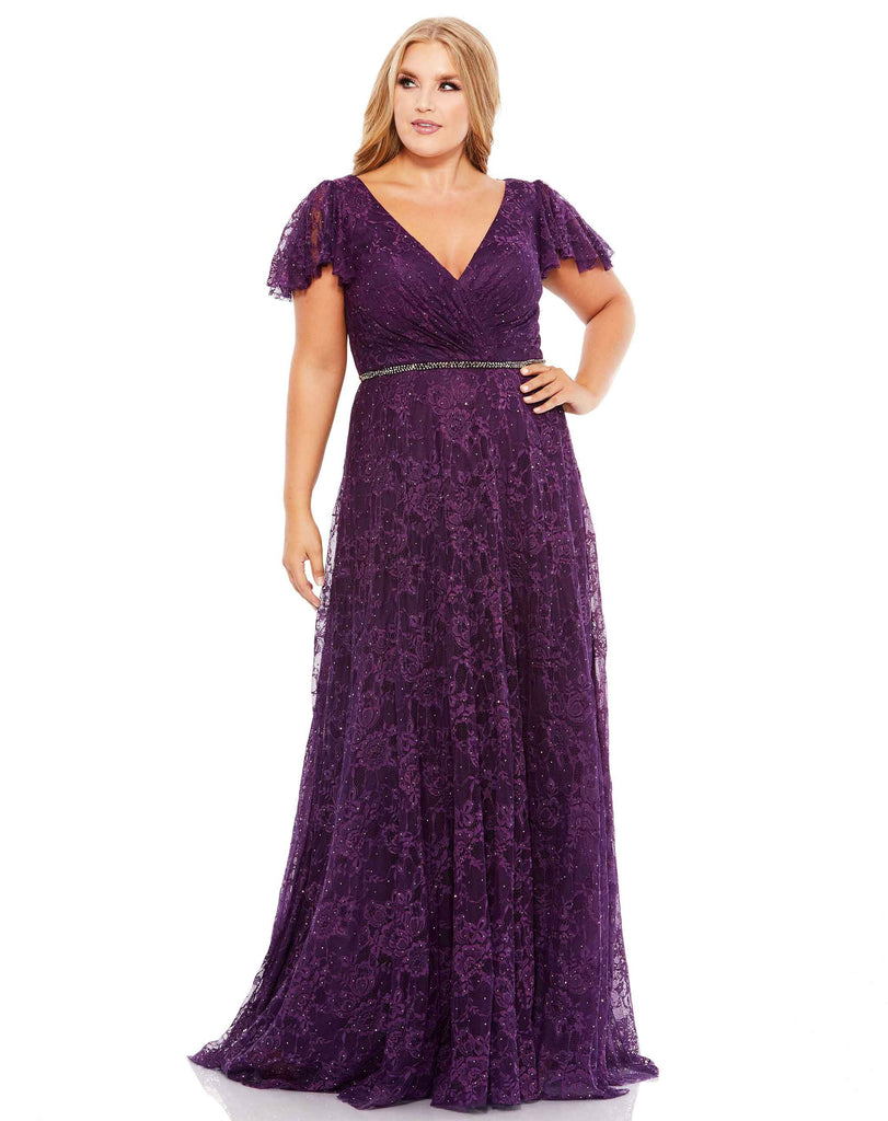Mac Duggal Women's Plus Lace Flutter-Sleeve Gown - Aubergine - Size 14 Mac Duggal Women's Plus Lace Flutter-Sleeve Gown - Aubergine - Size 14