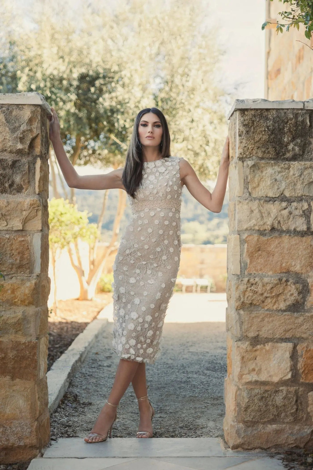 Nude Floral Applique Sleeveless Midi Dress - FOSTANI.com