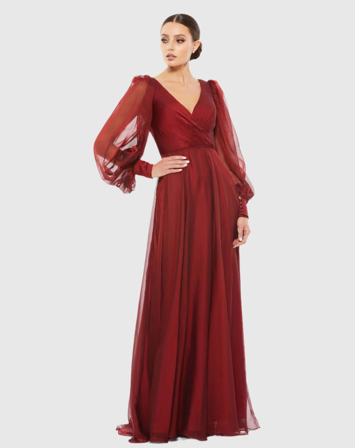 Mac Duggal 67873 Sheer Blouson Sleeve Surplice Gown