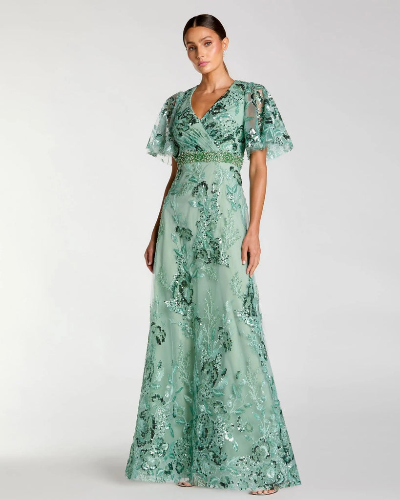 Mac Duggal 67880 Floral Embellished Short Sleeve Dress