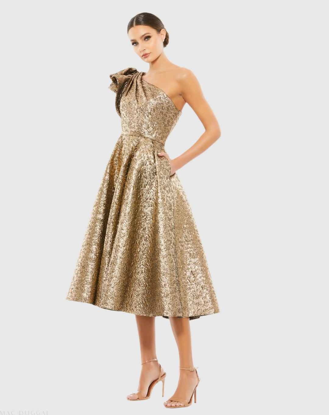 mac duggal gold one shoulder dress Gold Metallic Pleated One Shoulder Gown