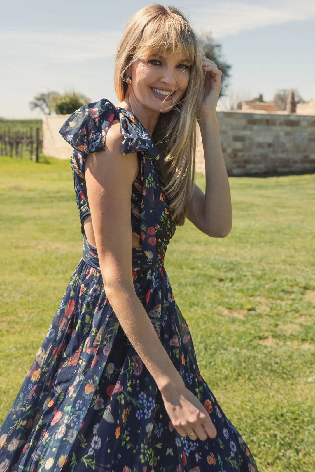 Navy Tied One Shoulder Cut-Out Flowy Gown - FOSTANI.com