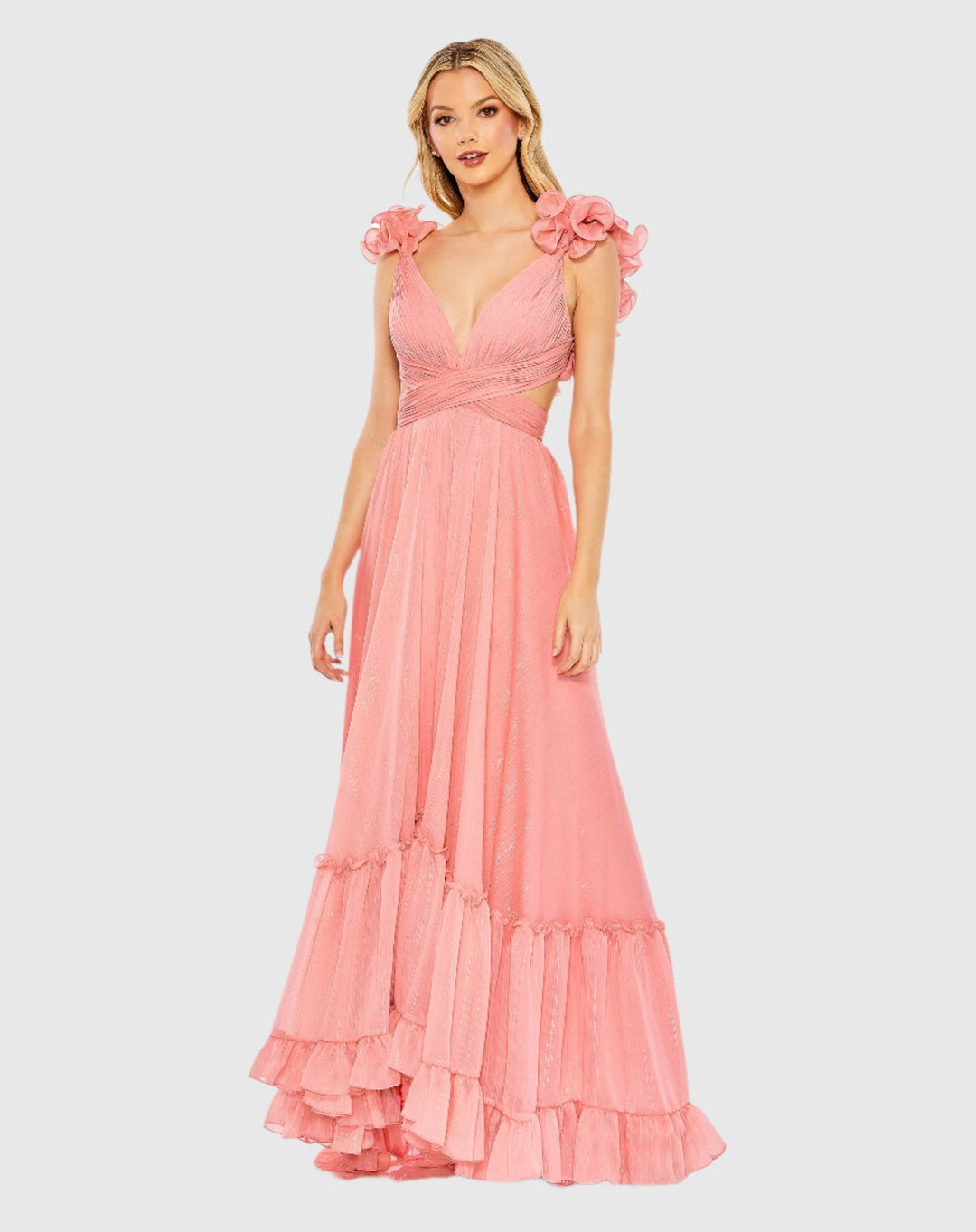 Mac Duggal 68094 Pink Ruffle Sleeve V Neck A Line Gown