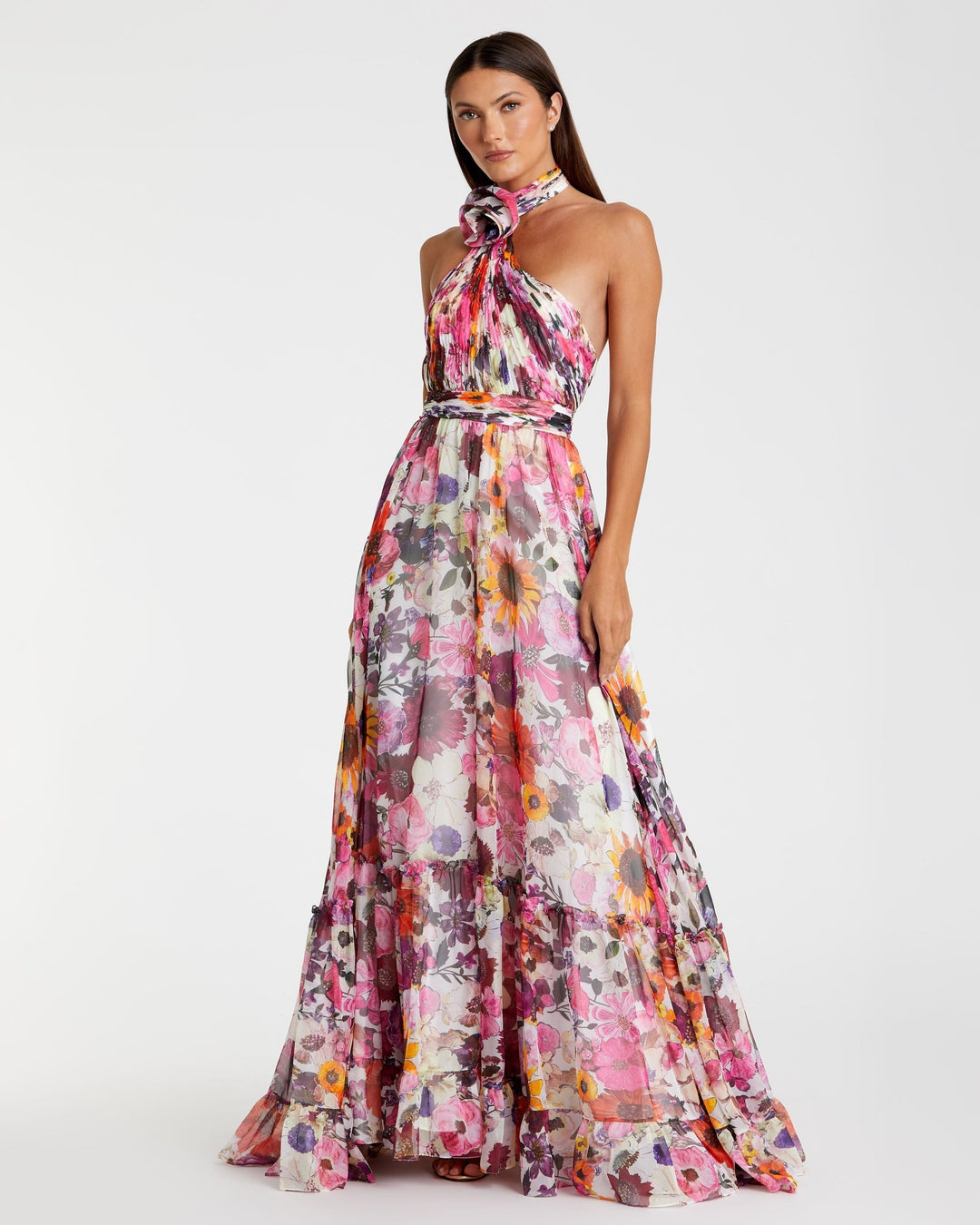 Multicolor Asymmetrical Ruffled Halter Floral Gown - FOSTANI.com
