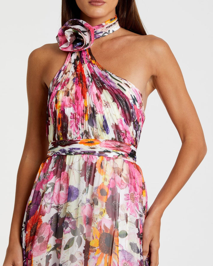 Multicolor Asymmetrical Ruffled Halter Floral Gown - FOSTANI.com