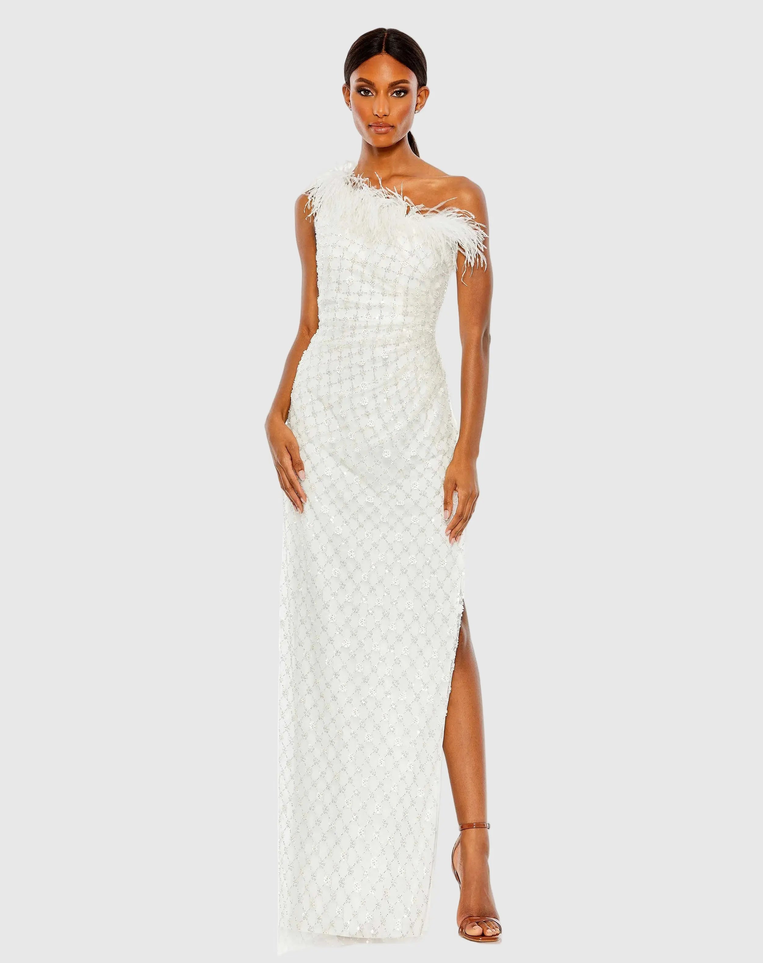 Mac Duggal Women's Embellished One Shoulder Feathered Gown
